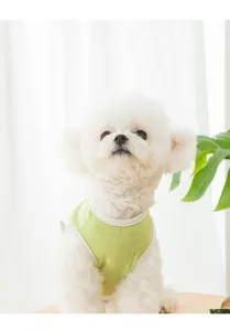 Cute pet summer vest detail, light green ribbed dog clothes, breathable small dog apparel.