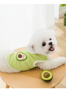 Cute dog vest detail, breathable green summer pet clothes with sweet avocado design for small pets.