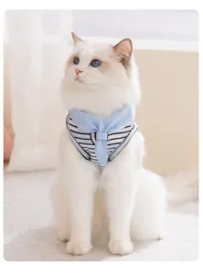 Detailed view of cute striped pet cat harness vest with sweet sailor collar design.