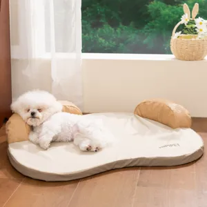 Cozy pet bed detail shot featuring a soft beige surface and woven bolsters for ultimate comfort.