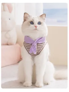 Cute striped cat vest detail with purple bib, breathable and lightweight summer pet clothing view.