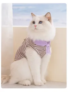 Detailed shot of pet cat summer striped vest with purple collar, breathable and comfortable.