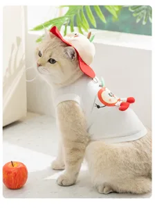 Detailed view of cute cat vest with apple hat, breathable fabric pet summer clothing.