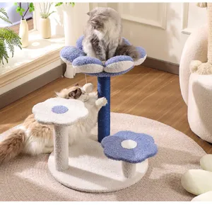 Cute flower cat tree detail showing soft plush platforms and sisal scratching post for playful cats.