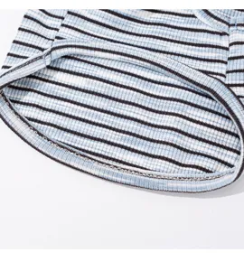 Spring summer breathable striped pet cat vest detail view, lightweight knit apparel for small dogs.