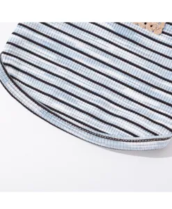 Blue and white striped pet clothing fabric detail, soft knitted ribbed material.