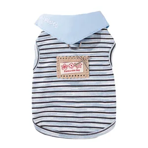 Cute striped pet vest with collar and D-ring, breathable spring summer cat clothes.