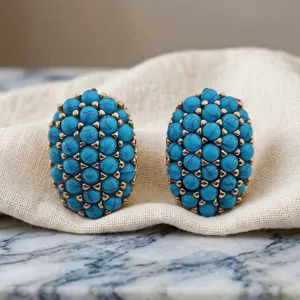 Boucles d'Oreilles Clous Ovales en Turquoise Rétro Français pour Femme Laiton Plaqué Or Élégant Perle Artificielle Tige Argent 925
