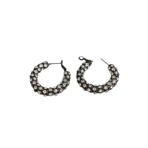 Boucles d'oreilles créoles en métal sombre étincelantes de strass clairs, bijoux de mode élégants.