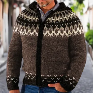 Men knit zip-up hoodie winter warm cardigan retro Nordic geometric pattern brown sweater top