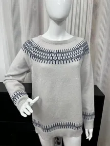 Damen Rundhals Langarm Strickpullover mit geometrischem Muster an Saum und Bündchen.