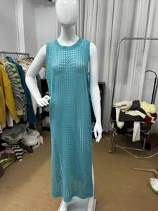 Detailed view of women long hollow knit beach cover up, turquoise sleeveless solid color sweater dress.