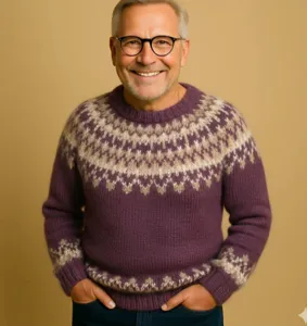 Men's crew neck Fair Isle knit sweater, cozy color block pullover for autumn and winter daily wear.
