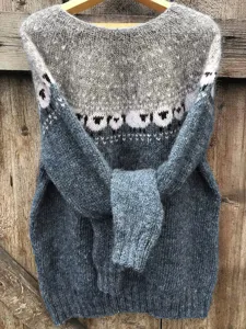 Details of grey blue color block round neck knit sweater with cute sheep pattern design.
