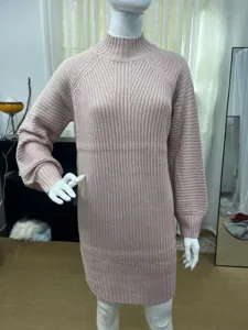 Solid color high neck long sleeve knitted sweater dress for women, casual autumn winter wear.