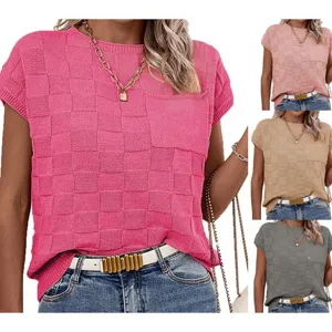 Women short sleeve knit top casual crewneck checkerboard sweater with pocket detailing