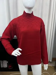 Red high collar cable knit sweater for women, featuring detailed long sleeves and cozy texture.