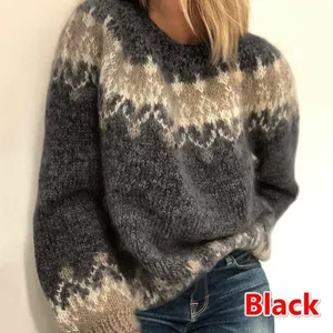 Oversized mohair knit sweater detail featuring cozy fair isle jacquard pattern and classic crewneck.
