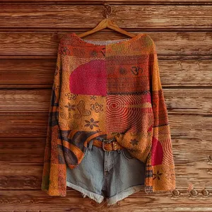 Bohemian ethnic print long sleeve loose knitted sweater vintage chic casual pullover top for women