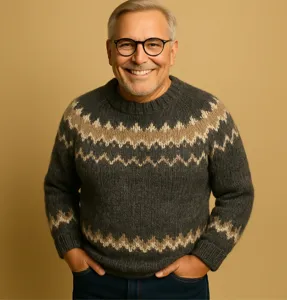 Classic Fair Isle crewneck sweater for men, cozy knit pullover with stylish pattern.