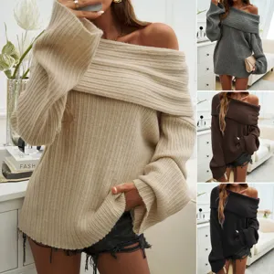 Pull en tricot épaules dénudées femme casual manches longues ample haut unicolore chic