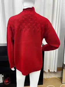 Women red cable knit high collar long sleeve sweater back view casual winter warm apparel