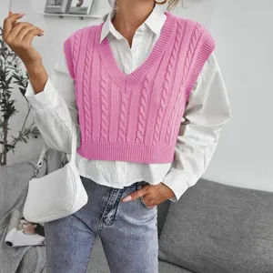 Pink V-neck cable knit sweater vest with white shirt layered women casual top outfit