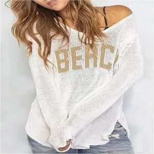 Femme pull en tricot blanc col V décontracté avec impression lettre de plage manches longues.