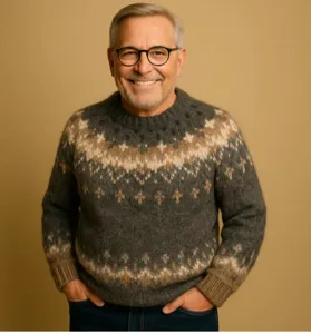 Close-up detail of the classic Fair Isle crewneck knit sweater with cozy patterned design.