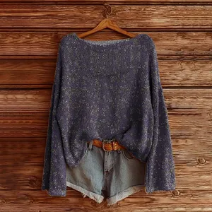 Casual purple knit sweater paired with denim shorts detail view for women's daily wear.