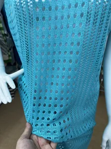 Blue hollow-out knitted beach cover-up, long loose sunscreen cardigan for women summer.