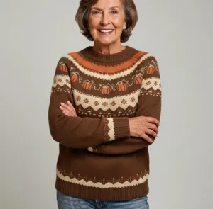 Women's brown crew neck knit sweater featuring a stylish Fair Isle pumpkin pattern design.
