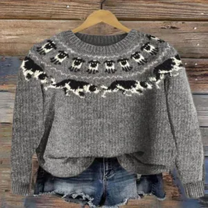 Women's grey crewneck knit sweater with cute sheep and dog pattern, loose long sleeve pullover.