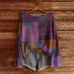 Women casual long sleeve knit sweater with abstract print, comfortable loose fit top for daily wear.
