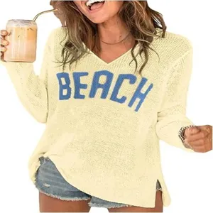 Pull-over tricoté à col en V pour femme, manches longues, haut d'été décontracté