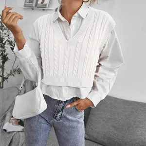 Women white v-neck cable knit sweater vest layered casual sleeveless pullover top for daily wear