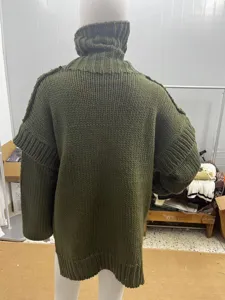 Γυναικείο oversized χοντρό πλεκτό πουλόβερ σκούρο πράσινο μακρυμάνικο ζιβάγκο χειμερινό