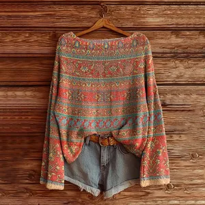 Boho style patterned knit sweater detail view, showcasing intricate ethnic retro print design.