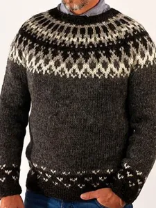 Men's winter warm knit sweater with classic Nordic geometric pattern crew neck pullover top