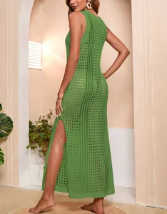 Green hollow-out knit beach cover-up dress, sleeveless long design with sexy side slit detail.