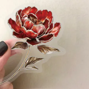 Clear PET flower sticker detail showing the red peony design and transparent backing.