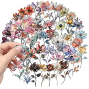50pcs vintage floral PET stickers with silver hot stamping for DIY crafts, phone cases and journals.