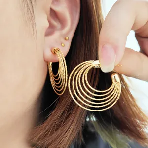 Boucles d'Oreilles Créoles Grandes Multi-couches pour Femmes en Laiton Plaqué Or 18K Boucles d'Oreilles Géométriques Tige en Acier Inoxydable Bijoux Mode
