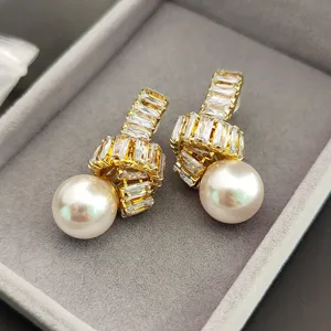Boucles d'oreilles nœud zircon perle luxe français, bijoux dorés élégants pour femmes