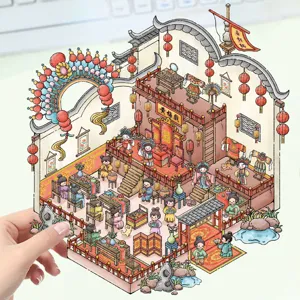 Detailed view of traditional Chinese opera mini 3D miniature scene sticker DIY puzzle toy.