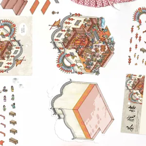 Detailed view of 3D tea theater miniature scene DIY stickers set, featuring intricate layers.