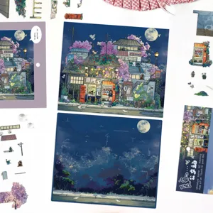3D Miniatur Szenen Sticker Set DIY Sommer Nacht Busstation Bastelaufkleber Deko