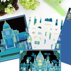 3pcs 3D miniature crystal domain DIY scene sticker set, creative blue castle building craft kit.