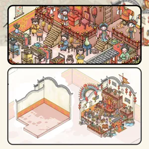 3D DIY tea opera house miniature scene detail view with traditional chinese decor and figurines.
