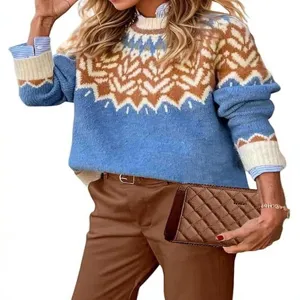 Women's Casual Geometric Color Block Long Sleeve Crew Neck Pullover Knit Sweater Loose Winter Thermal Top